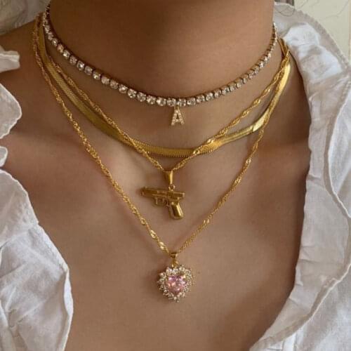 JUST FEEL Trendy New Heart Letter Crystal Snake Chain Necklace For Women Multilayer Golden Gun Pendant Necklace Bohemia Jewelry