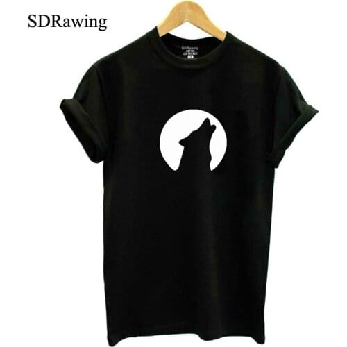 SDRawing Wolf Howl Ladies cotton T-Shirt Summer Hipster Fashion Tshirt Harajuku Punk Clothing casual tops tees drop ship