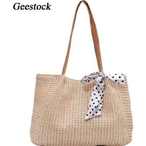 Geestock Women Straw Summer Beach Bag Handmade Rattan Woven Shoulder Bag Large Capacity Leather Women Bohemian Travel Totes Bag