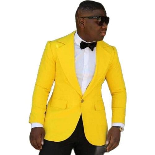 Handsome Yeollow Mens Toast Dress Business Suits Big Lapel Party Blazer Trousers Sets Groom Tuxedos (Jacket+Pants+Tie) W:718