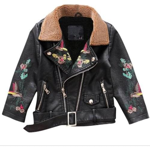 New Arrived baby girl Autumn Winter Fashion embroidered Children Plus Velvet Warming Cotton Pu Leather Jacke
