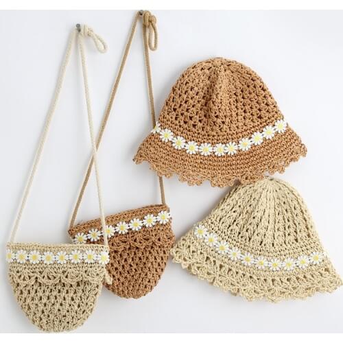 2021 Summer Baby Hat Daisy Flower Kids Cap Straw Bag Baby Sun Hat Photography Props Kids Bucket Hat for Girls