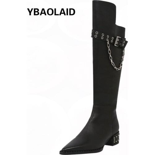 Solid Color Rivet Pointed Metal Chain Long Tube Martin Boots New Asymmetrical Boots Handsome Buckle Chain Rivet Heel Rider Boots