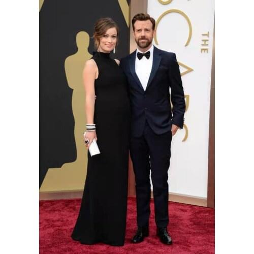 Long High Neck Satin Straight Black Celebrity Dresses Robe De Soiree Floor Length Formal Gowns for Women