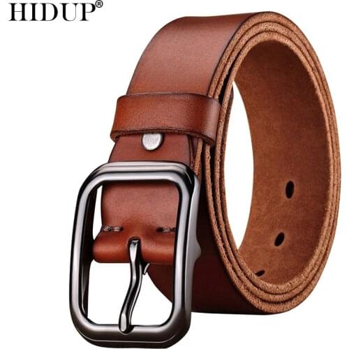 HIDUP Mens Top Quality Cowhide Alloy Pin Buckle Metal Belts 100% Solid Cowskin Men Cow Genuine Leather Belt 3.8cm Width NWJ987