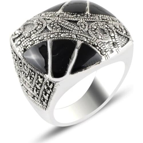 Silver 925 Sterling Onyx & Marcasite Ring