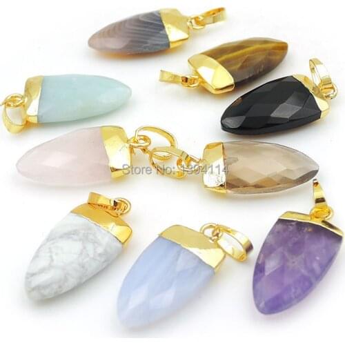 Mixed Stones Amethys t/Pink Quartz/Agat e/Tiger Eye/Amazonite Faceted Shield Pendant Of Gold Cladding Approx 20*10*4 mm