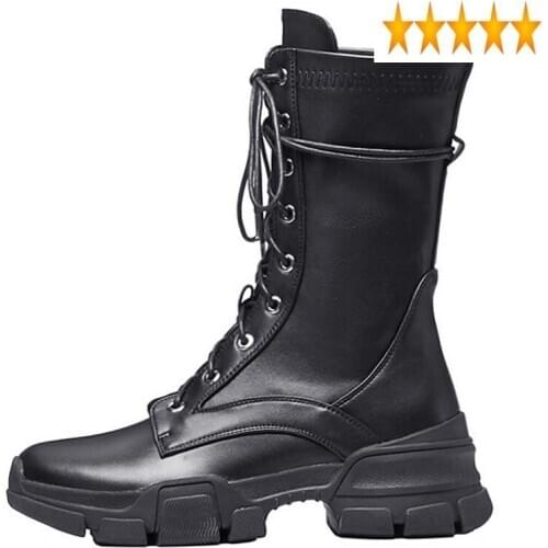 Bottom Genuine Leather New Thick Lace Up Mid Calf British Motorcycle Round Toe Autumn Winter Black Womens Platform Boots