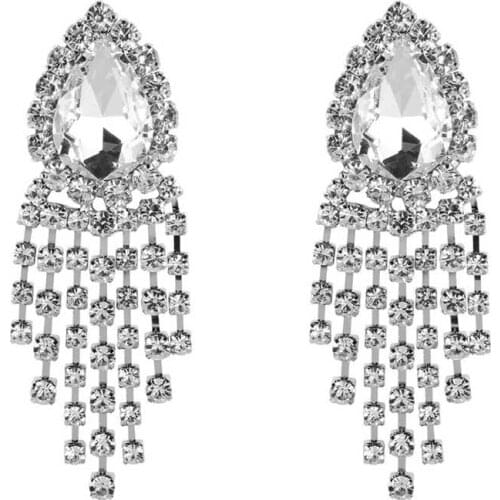 Women Shiny Rhinestone Tassel Dangle Earrings Bling Crystal Statement Drop Earrings Wedding Party Fashion Jewelry Accessories