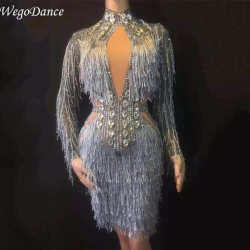 New Silver Tassel Sparkling Crystals Sexy mesh Short Dress Nightclub Stage Birthday singer Performance Costume for woman