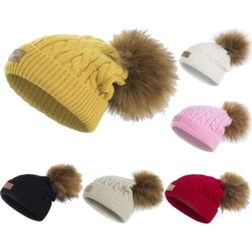 Winter Kids Baby Hat Warm Knit Beanie Hat Boys Girls Fur Pom Bobble Crochet Cap