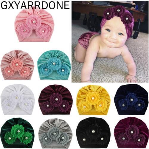 11 Colors 2019 Winter Baby Hat For Girls Pearls Sunflower Newborn Hat Beanie Turban Hats Velvet Toddler Girl Cap Accessories