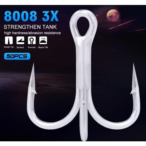 50pcs/lot Saltwater Fishing Hook Matte Tin Treble Hooks 2/0#-1/0#-1#-2#-4#-6#-8# High-Carbon Steel High Strength 3X Hooks