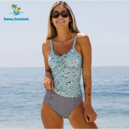 Beachsissi 2021 Plus Size Swimwear Women Push Up Swimsuit High Waist Tankini Set Knot Front Halter Two Piece Bikinis Beach Wear