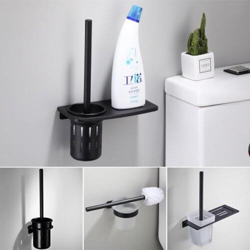 Black Toilet Brush Cup Holder with Tray Bathroom Space Aluminum Cup Holder Black Cleaning Brush Set Bathroom Accessories Set