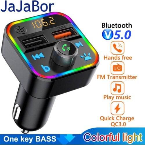 JaJaBor Bluetooth 5.0 Car Kit Handsfree FM Transmitter Stereo Audio Receiver QC3.0 Quick Charge Car Charger with One Key Bass