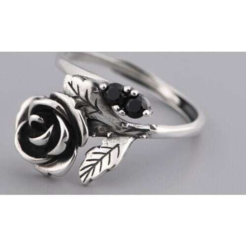 FNJ Rose Flower Rings 925 Silver Adjustable Size 100% Real S925 Solid Silver Ring for Women Jewelry Fine Black Zircon