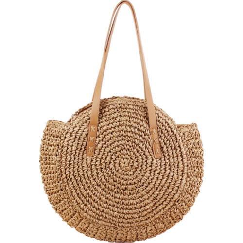 Round Straw Beach Bag Vintage Handmade Woven Shoulder Bag Raffia Circle Rattan Bags Bohemian Summer Vacation Casual Bags