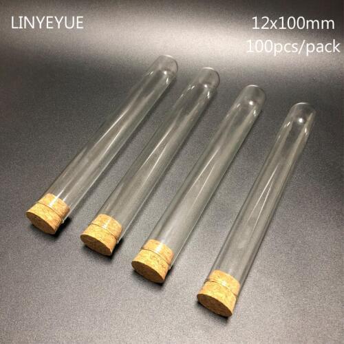 100 Pieces/pack 12x100mm Lab Flat Bottom Glass Test Tube with Cork Cap Stopper Laboratory Glassware