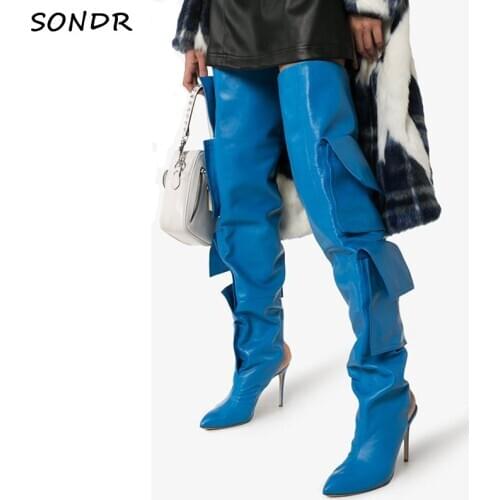 Fashion Women Blue Pocket Over The Knee Boots 2021Runway Designer Ladies Pointed Toe Thigh High Boots Slingback High Heel Shoes