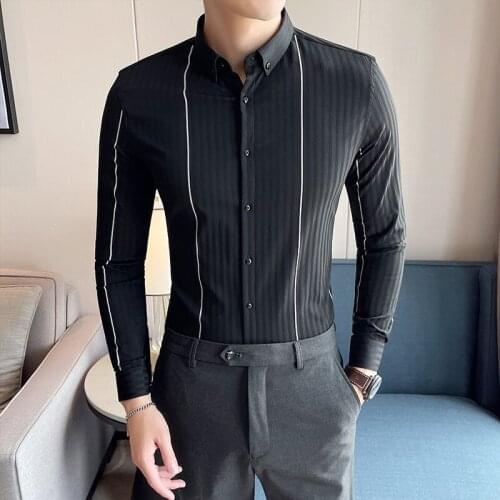 2021 British Striped Shirt for Men Autumn Casual Slim Fit Long Sleeve Shirt Male Tops Business Formal Dress Shirts Social Blouse