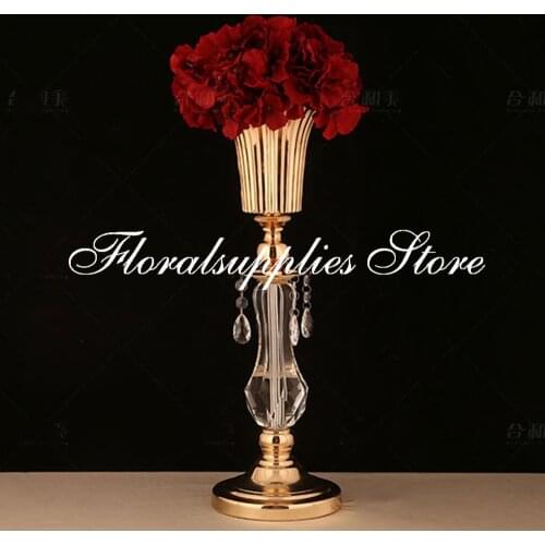 2021 New Gold Metal Flower Road Lead Crystal Wedding Table Centerpiece Flowers Vase For Marriage Home Decor 10 PCS/LOT