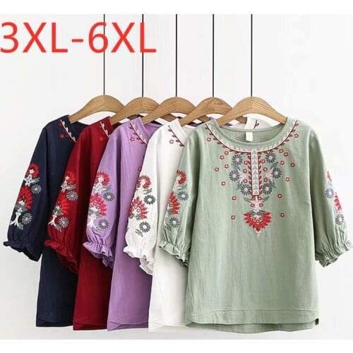 New 2021 Ladies Summer Plus Size Tops For Women Large Short Sleeve Loose Cotton Green Floral Embroidery Shirt 3XL 4XL 5XL 6XL
