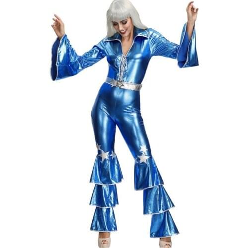New Blue Jumpsuit Retro 70s Disco Hippie Singer Nightclub Performance Costume Halloween Fancy Dress