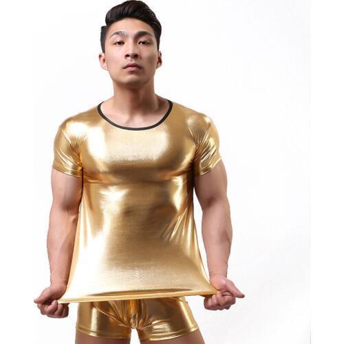 Wholesale 4 Color Faux Leather Latex Mens Teddy Bodysuit Shiny Wetlook Elastic Undershirt Lingerie Sets Gay Male Boxer Underwear