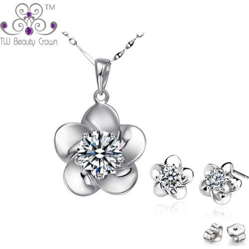 Real 925 Sterling Silver Plum Flower Big Pendant Necklace Earrings Fashion Wedding Brides Jewelry Sets For Women