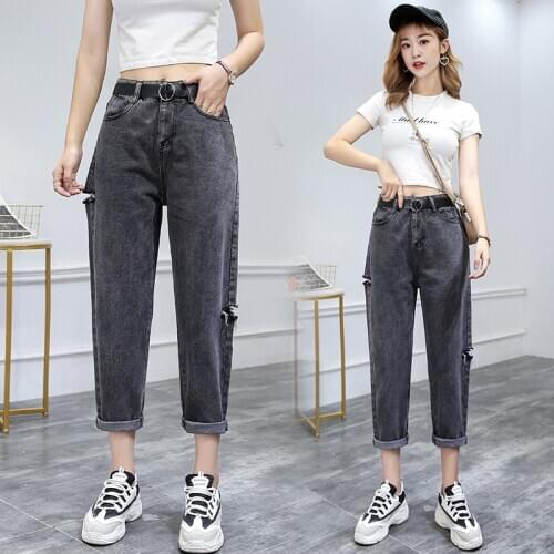 Hot Ripped high-waisted wide-leg jeans womens 2020 spring autumn loose drape rolled edge beggar pants women long pants women