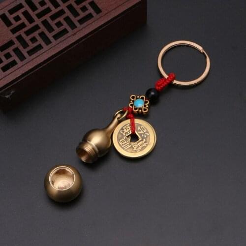 Lucky Gourd Keychain with Feng Shui Coins Brass Calabash Wu Lou Pendant Keychain A0NF