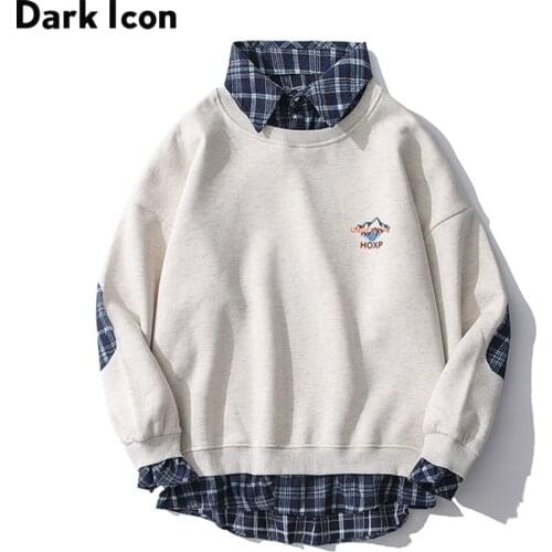Dark Icon Printed Fake 2pcs Turn-down Collar Mens Sweatshirt Plaid Patchwork Sweatshirts for Man 2 Colors