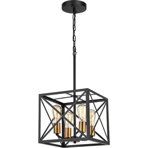 Vintage Square Black And Gold Metal Cage Pendant Lamp 4-Light E27 Socket Retro Hanging Light Fixture For Living Room Kitchen
