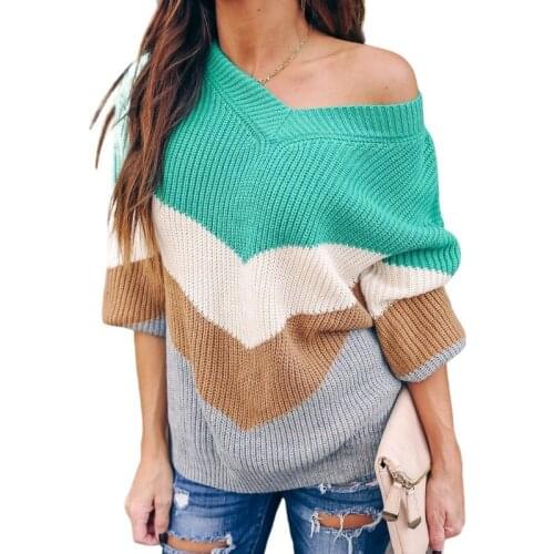 Plus Size Knitted V Neck Sweater Loose Oversize Sweater Women Pullovers Long Sleeve Striped Sweaters Knitted Autumn Knitwear