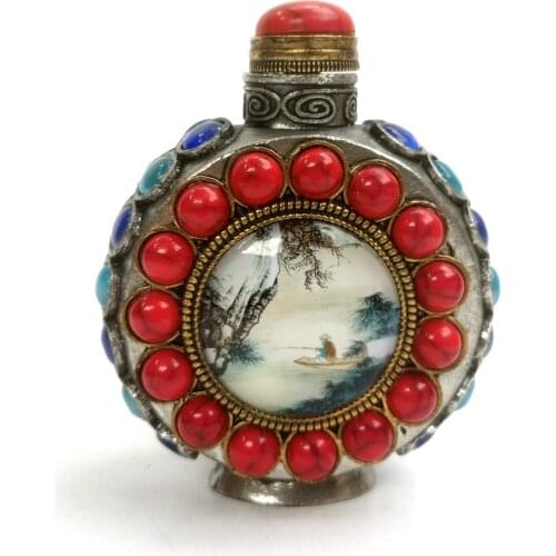 YIZHU CULTUER ART Collection Old Chinese Tibet Silver Hand Inlay Jewelry Painting Landscape Snuff Bottle Decoration Gift