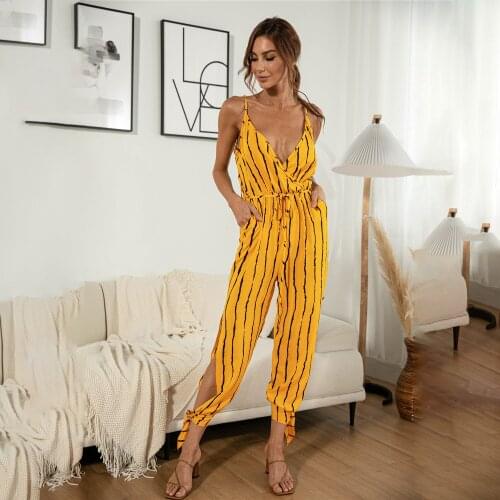 Women fashion one piece jumpsuits 2021 Summer Spaghetti Strap Striped Lace up Casual Pullover Women Ankle-length Jumpsuits