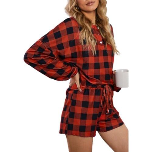 Xmas Women Homewear Outfits Long Sleeve + Shorts Tie-dye Printing Red Plaid Elastic Waist Drawstring Loose Autumn Pajama Sets