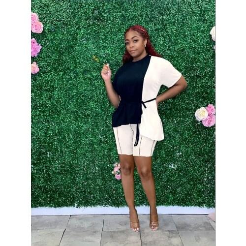 Summer 2 Piece Set Women Fashion Street Contrast Solor Stitching Short-sleeved Shorts Two Piece Suit Women