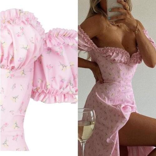 Shoulder Spread Chest Fork Sexy Charming Elegant Temperament Broken Flowers And Trees Ear Design Retro Fashion Slim Dress Summer