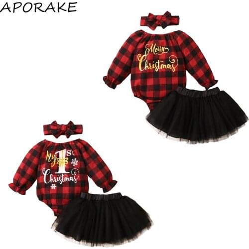 2021 0-12M Baby Girls Christmas Clothes Set Letter Plaid Printed Pattern Long Sleeve Romper+Black Yarn Skirt+Headband 3pcs