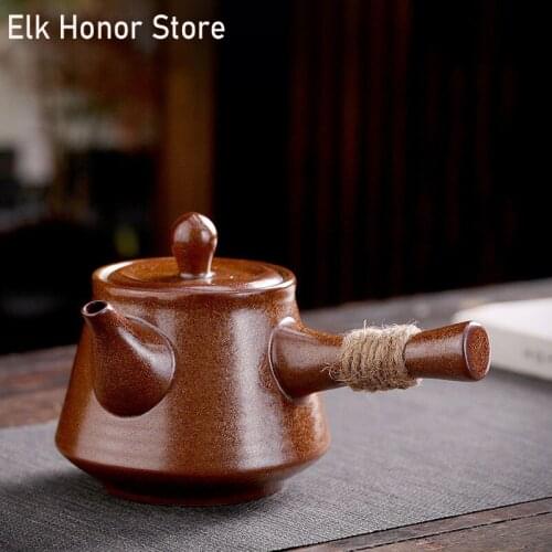 300ml Japanese Style Coarse Pottery Tea Pot Handmade Ceramic Filter Master Pot Kung Fu Tea Side Handled Teapot Office Decoration