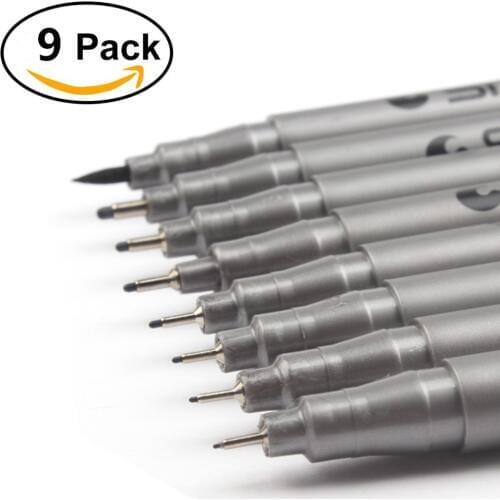9pcs/pack Pigment Liner Pigma Micron Ink Fine Line Pen Set 0.05 0.1 0.2 0.3 0.4 0.5 0.6 0.8 Brush, Black ink
