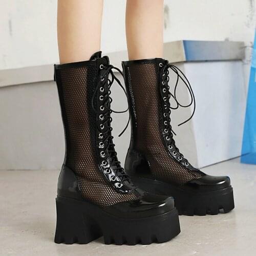 Women Patent Leather Platform shoes Summer Breathable Mesh Boots Fashion Zipper Thick High Heel Mid Calf Boots Riding Boots