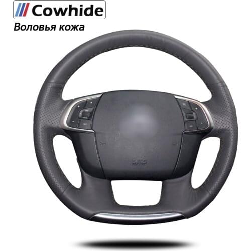 Black Genuine Leather Car Steering Wheel Cover for Citroen C4 C4L