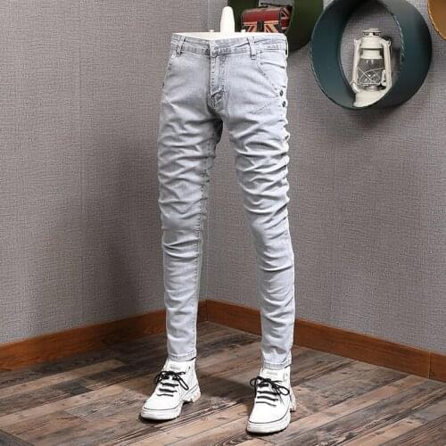 Summer Mens Jeans Slim Fit Stretch Pants Casual Light Gray Denim Trousers Men