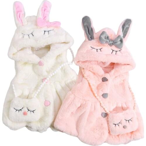 Lioraitiin 0-3Years Toddler Girls Faux Fur Clothes Set Sleeveless Hooded Coat with Bow-knot Cartoon Messenger Bag 2Pcs Outfit