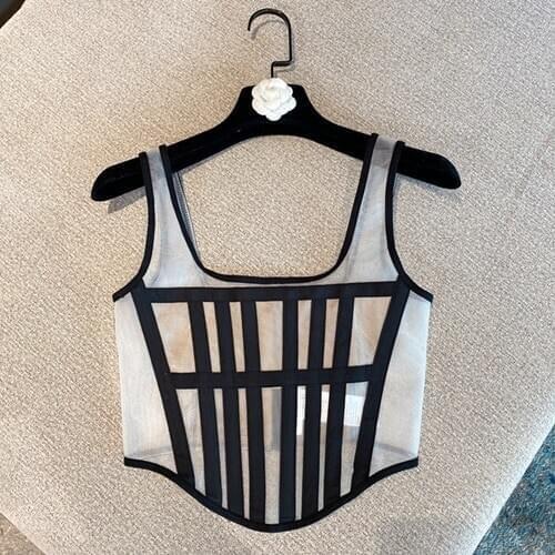 Sexy Vest Shirt Women Fishbone Contrast Color Mesh Tank Top for Lady crop top women tank top women