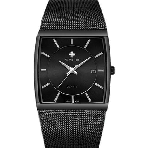 Fashion Wwoor Brand Luxury Mens Square Quartz Male Waterproof Date Clock Black Mesh Stainless Steel Business Men Wrist Watch