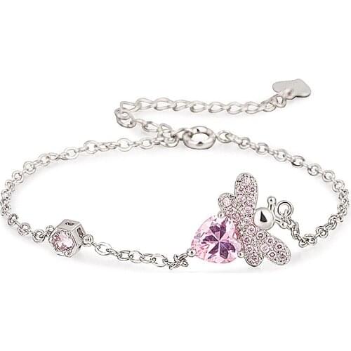 Fashion Cute Zircon Bee Charm Bracelets For Women Silver Chain Pink Crystal Bracelet Handmade Adjustable Animal Honeybee Jewelry